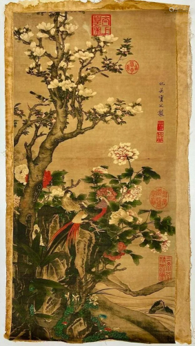 Old Chinese Qiu Ying Flower bird Scroll Painting
