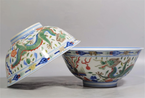 Pair of Chinese Doucai Porcelain Bowls
