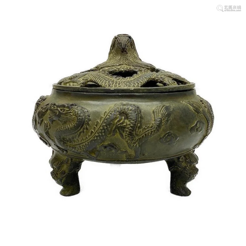 Late 19th Century Chinese Carved Bronze Swirling Dragon Ince...