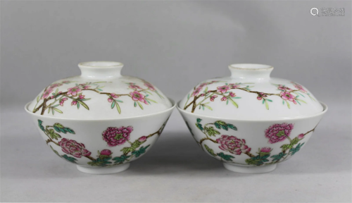 Pair of Chinese Famille-Rose Porcelain Tea Bowls with Lid