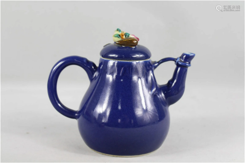 A Chinese Blue Ground Glazed Porcelain Wine Pot with Lid