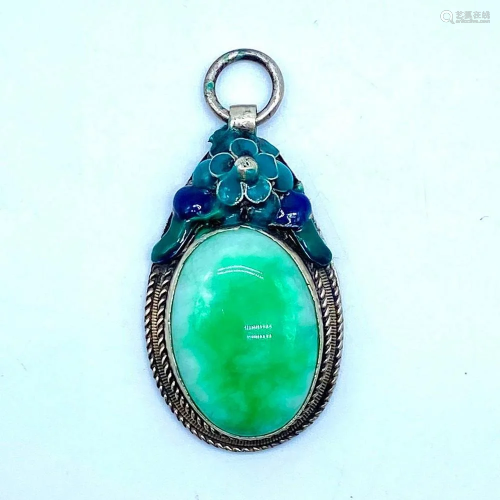 Majestic Antique Chinese Silver Enamel Mosaic jade Pendant