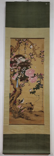 Birds & Flowers Silk Scroll by Yu Xing