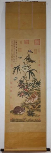 Funny cats silk scroll by Hui Shouping
