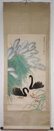 Black swans paper scroll by Fang Chuxiong