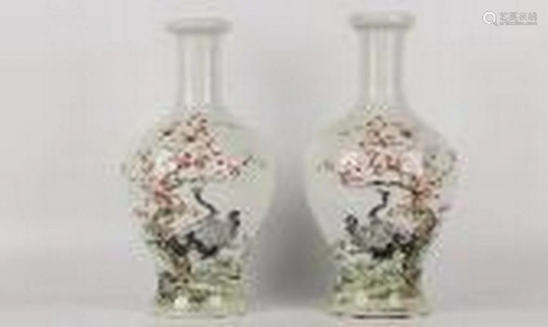 Enamel cranes flowers vases pair