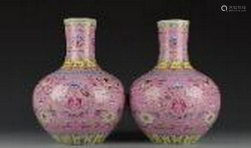 Pink ground famille rose foliage bottle vases pair