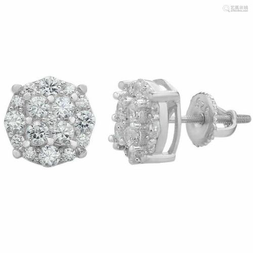 Solid 925 Sterling Silver CZ 1/3" Round Cluster Studs