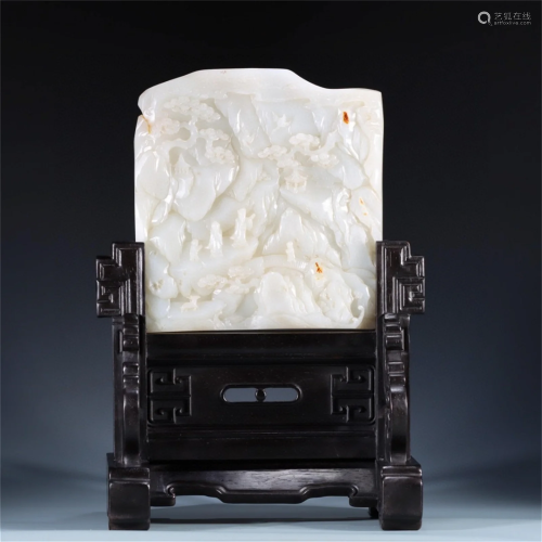 A Chinese Table Screen of Carved Jade Panel and Wood Base