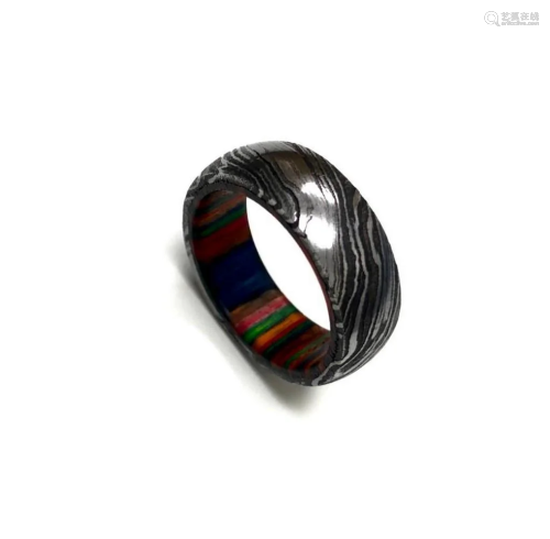 Men's Hand-Made Damascus Steel Ring With Multi-Coloured