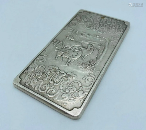 Tibetan Silver Amulet Bar Depicting The Year Of The Sheep