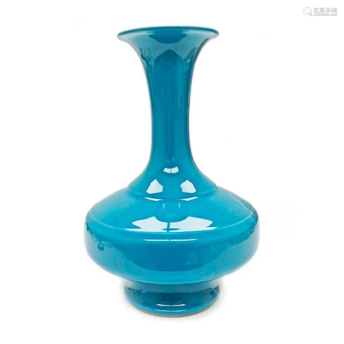 Asian Hand Painted Bright Blue Flambe Fluted & Belled Va...
