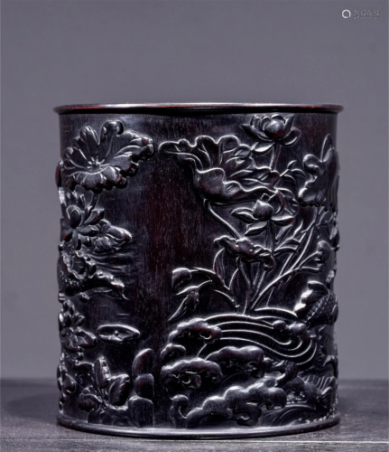 A Chinese Carved Wood Brush Pot