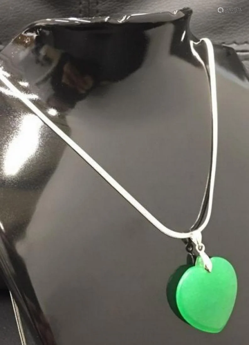 Chinese Green Jade Heart Pendant On 925 Necklace