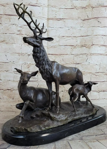 Mother Deer and Two Fawns Bronze Sculpture