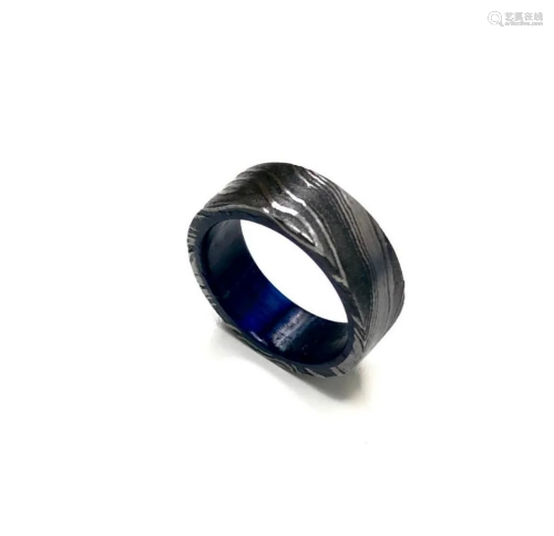 Men's Damascus Steel Ring With Blue Hardwood Custom Inn...