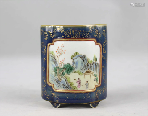 A Chinese Blue Ground Glazed Porcelain Brush Pot