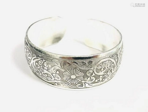 Floral Stem Designed Tibetan SIlver Bangle Cuff