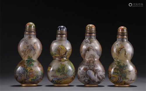 Set of Four Chinese Inside Painting Double Gourd Peking Glas...