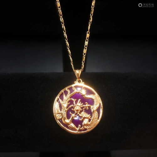 Dragon Phoenix Mount Necklace With Carved Purple Jade On 14K...