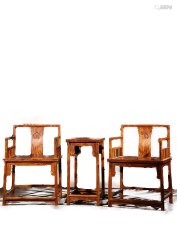 Pair of Chinese Carved Hardwood Chairs and Tea Table