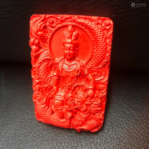 Natural Red Cinnabar Chinese Dragon Carved Pendant