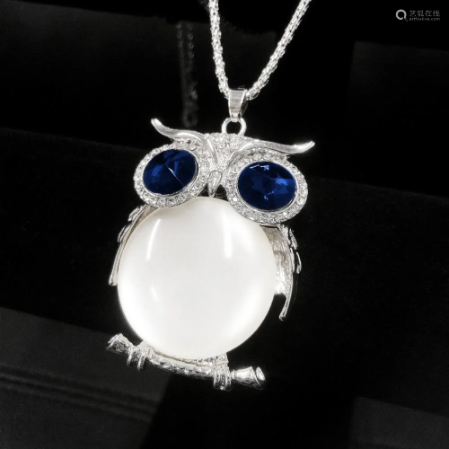 Enchanted Blue & White Owl Pendant On 925 Silver Chain