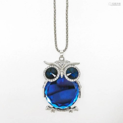 Semi-Precious Blue Stone Owl Pendant Cuban Chain