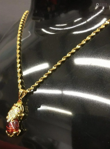 Ladies Red Jade Pixiu Pendant On 24K Gold Filled Chain