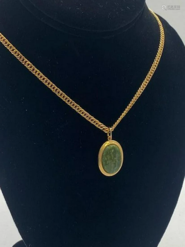 Gold & Green Jade Pendant Paired With Gold Plated Neckla...