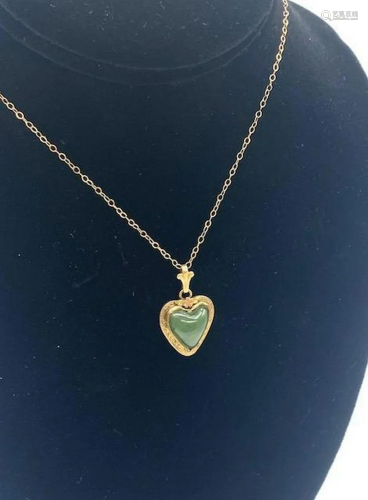Green Jade Heart Pendant Paired With 14K Gold Filled Necklac...
