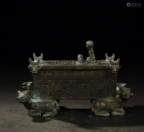 A Chinese Bronze Square Incense Burner with Lid