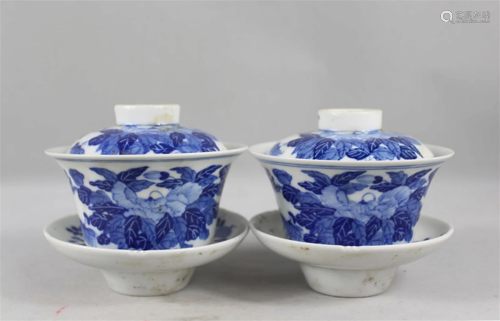 Pair of Chinese Blue and White Porcelain Tea Cups with Lid a...