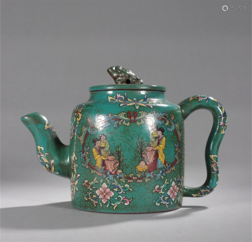 A Chinese Green Ground Famille-Rose Clay Tea Pot with Lid