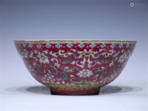 A Chinese Red Ground Famille-Rose Porcelain Bowl