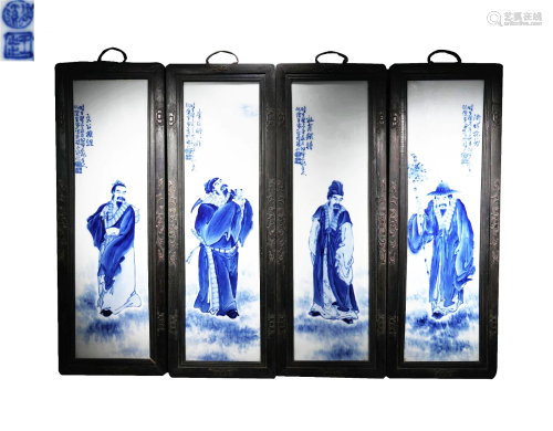 Set of Four Blue and White Figure Plaques