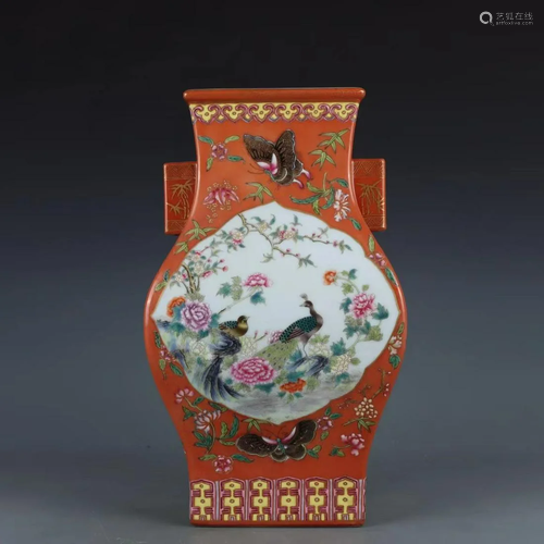 Iron-Red Glaze Flower and Bird Square Vase