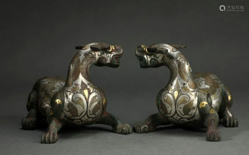 Pair of Gold Inlaying Bronze Beast Carvings