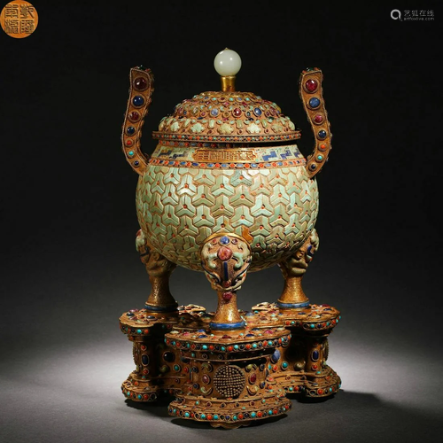 Cloisonne Enamel Tripod Double-Eared Censer and Cover