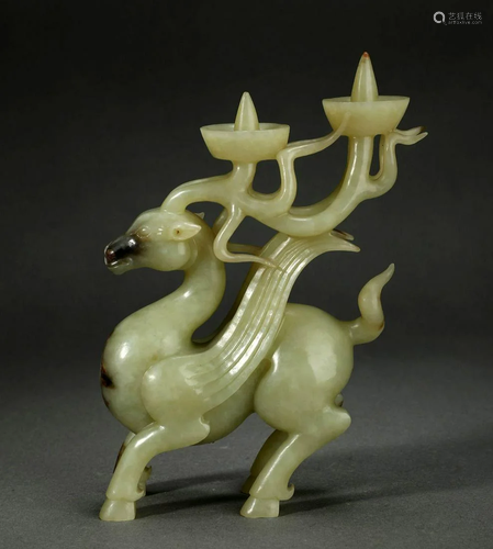 Carved Celadon Jade Stag-Form Candlestick