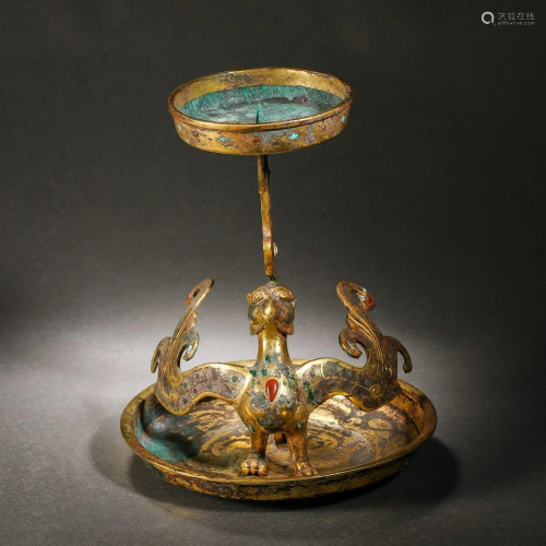 Inlaid and Gilt Bronze Mythical Beast Candlestick