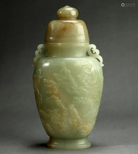 Carved Celadon Jade Double-Eared Vase and Cover
