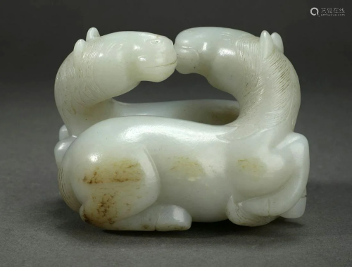 Carved Celadon Jade Twin Horse Ornament