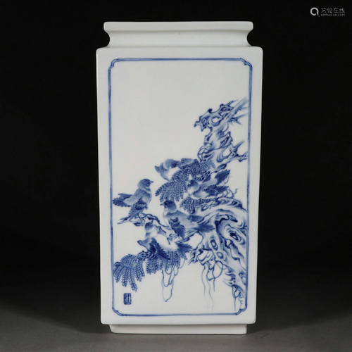 Wang Bu, Blue and White Flower and Bird Square Vase