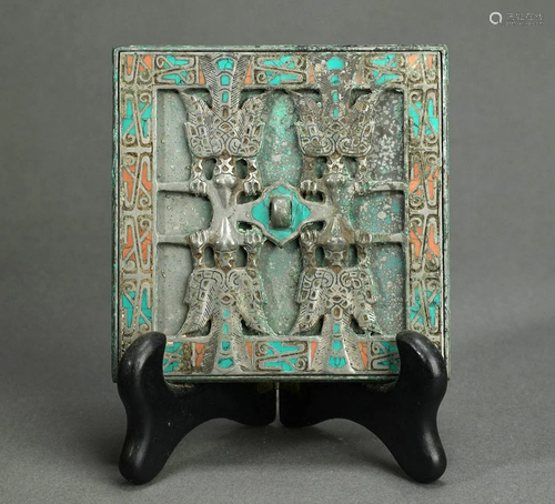 Turquoise and Gold Inlaid Bronze Square Mirror