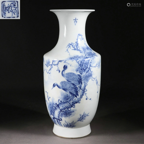 Wang Bu, Blue and White Crane and Pine Vase