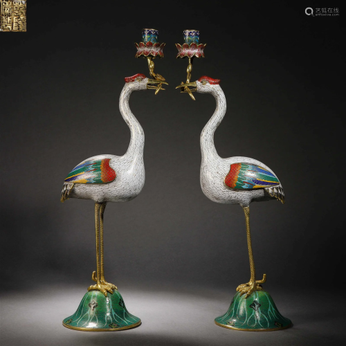Pair of Cloisonne Enamel Crane-Form Candlesticks