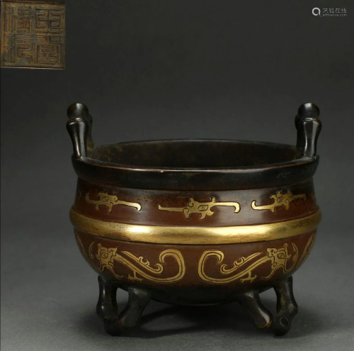 Gold Inlaid Bronze Tripod Double-Eared Censer