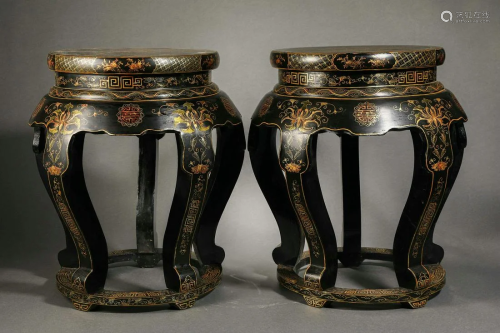 Two Decorated Chinese Stools Prunus Pattern
