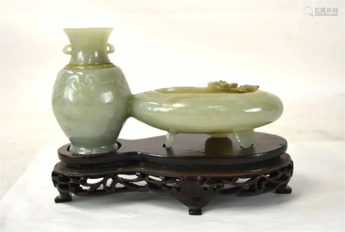 Chinese Carved Jade Vase & Brush Washer w Stand